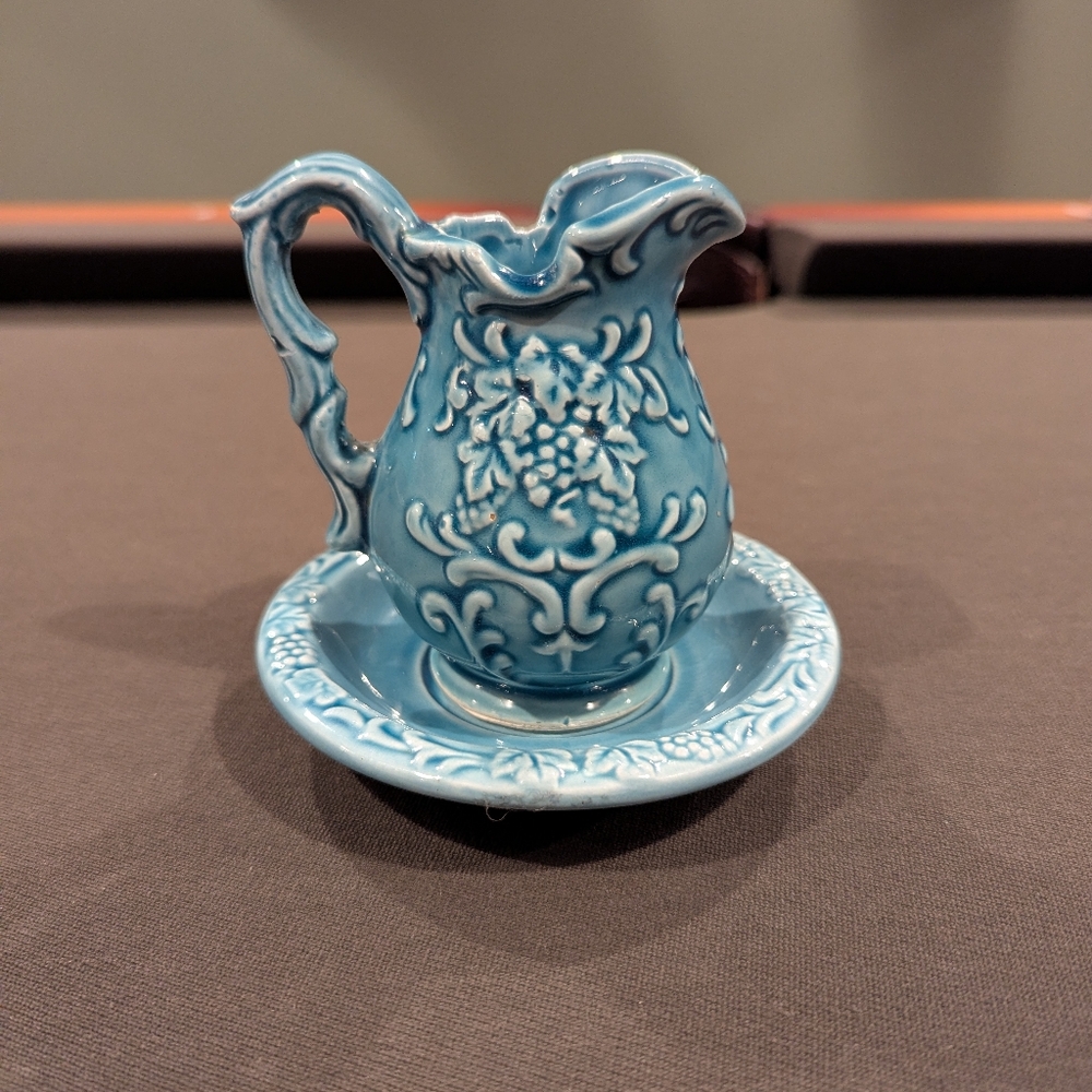 Intricate Teal Ceramic Pitcher and Saucer - Picture 1 of 5